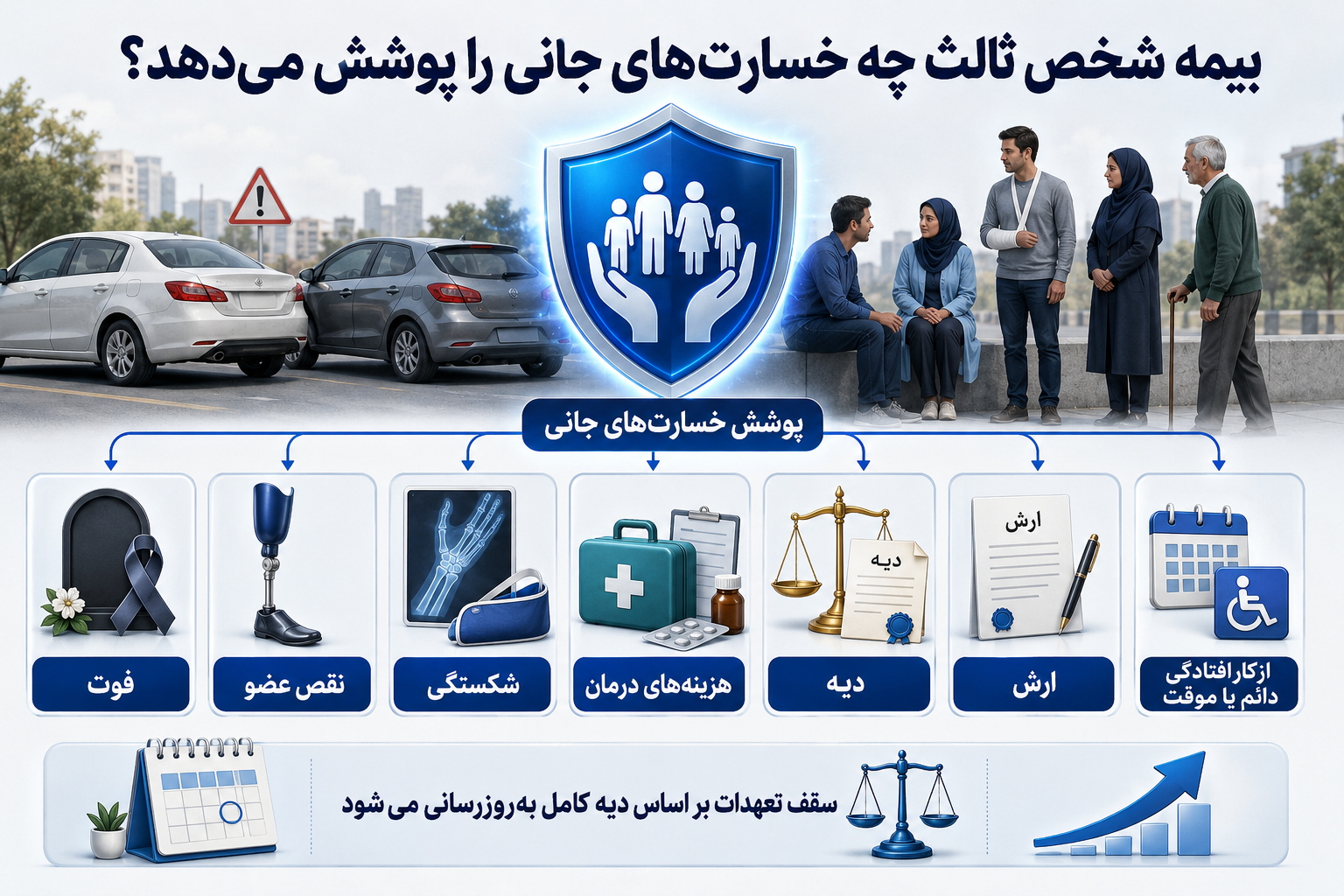 اینفوگرافیک پوشش خسارتهای جانی بیمه شخص ثالث شامل فوت، نقص عضو، شکستگی، هزینههای درمان، دیه، ارش و ازکارافتادگی دائم یا موقت